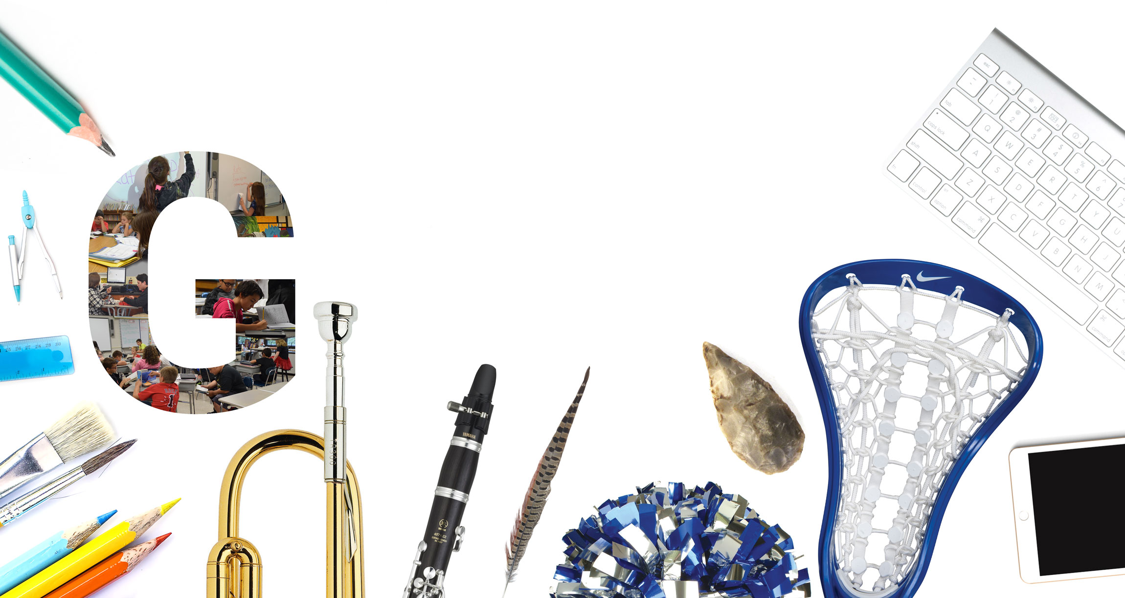 collage of Gowanda related imagery including a lacrosse stick, a trumpet, a keyboard, an arrowhead, and the letter G with photos of students in the classroom