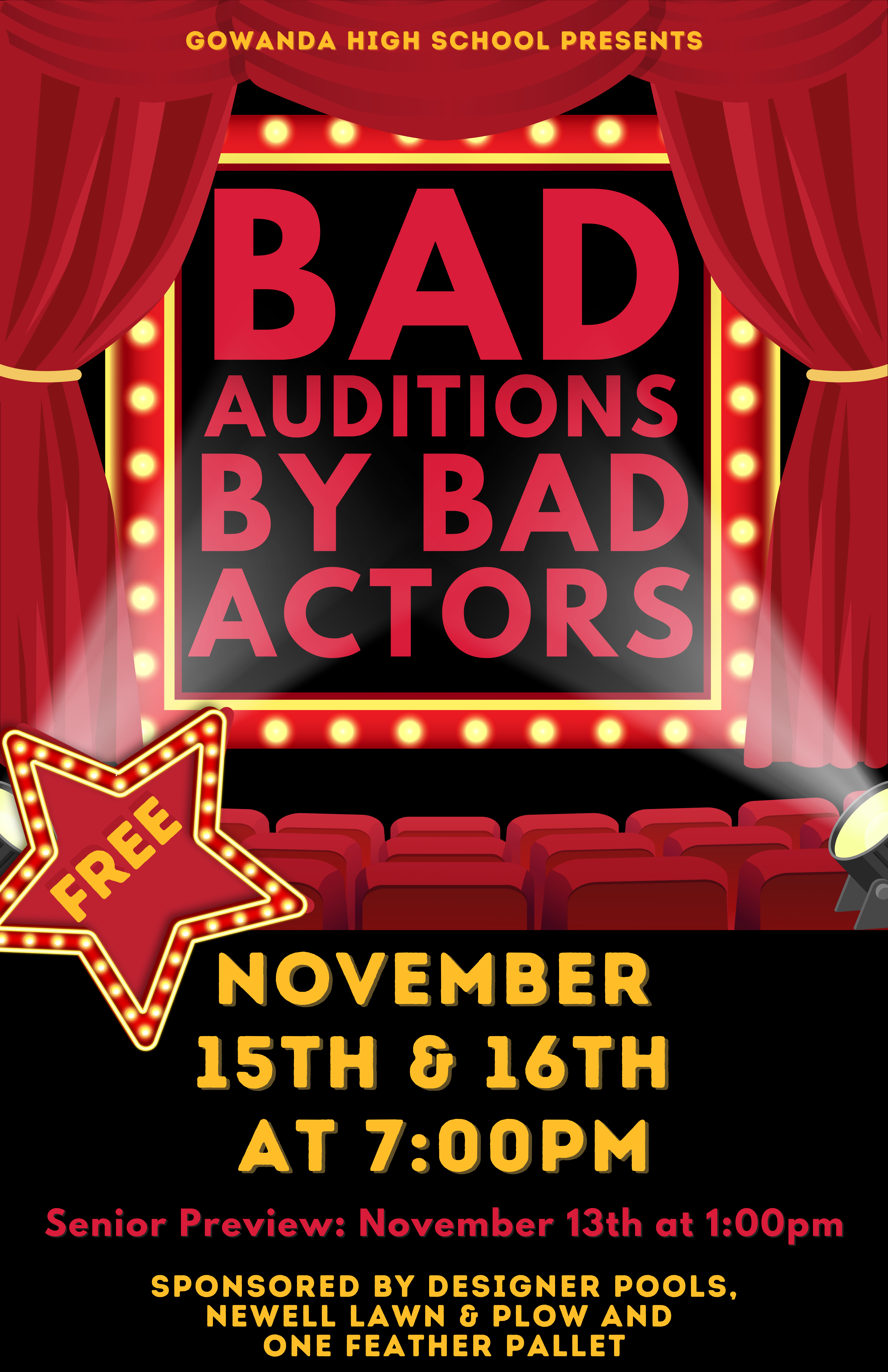 Free admission poster for Bad Auditions by Bad Actors being staged in November 2024 