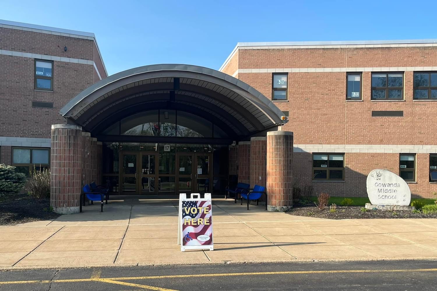Voting sign posted out front of Gowanda Middle School.
