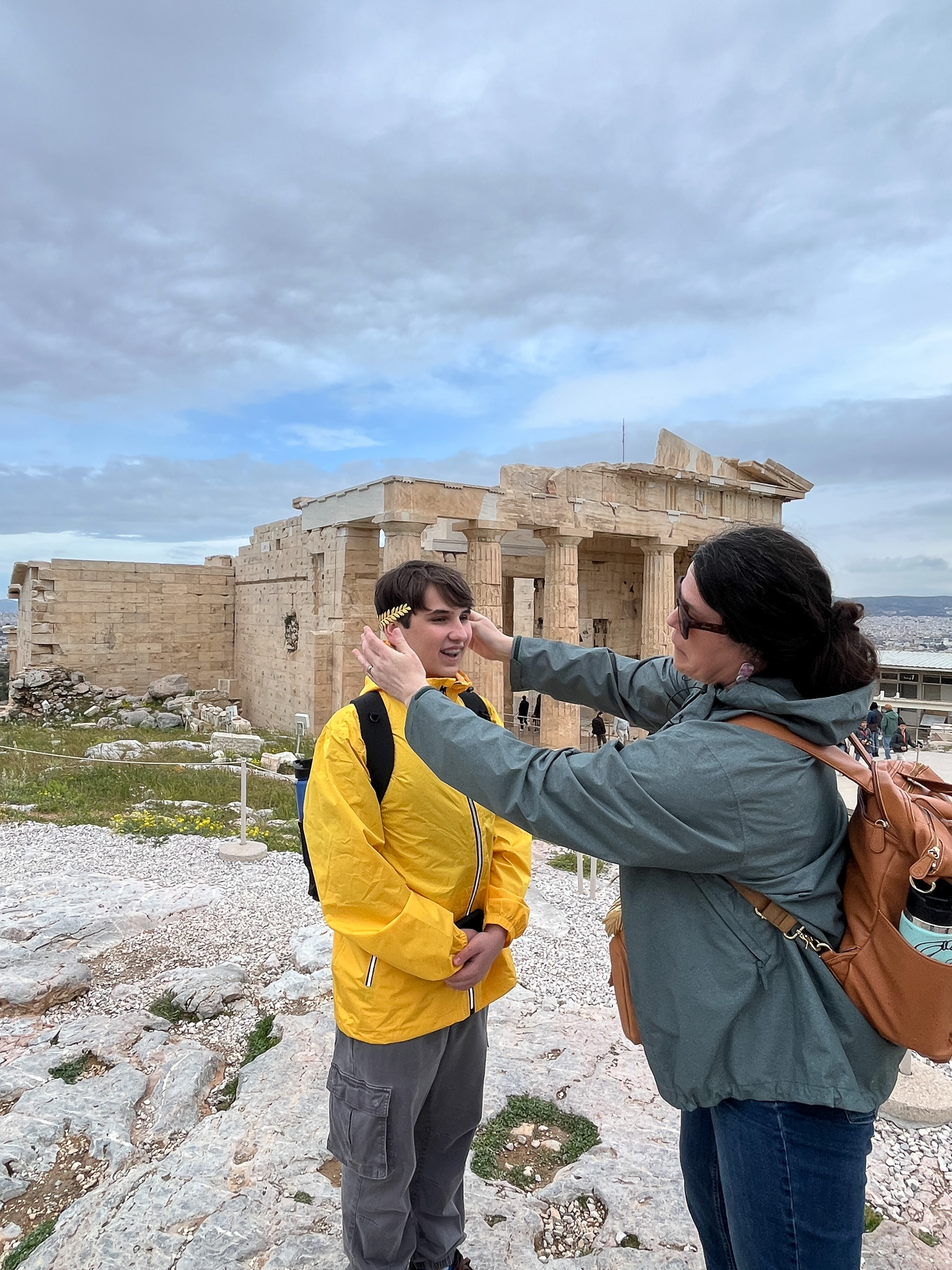 Group posing by the Parthenon structure.