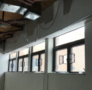 Roller shade pocket framing in the music room the week of January 3-7, 2022.
