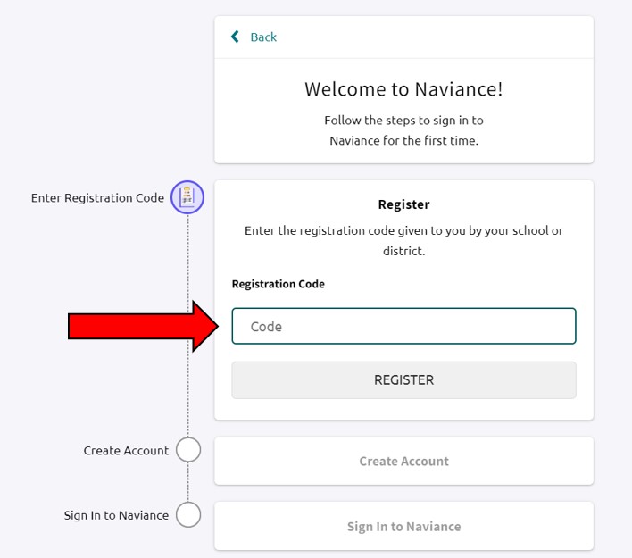 Directs user where to enter registration code
