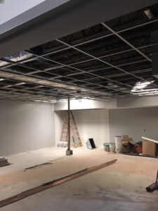 Music room ceiling grid installation the week of January 31 to February 4, 2022.
