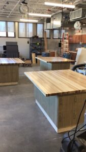 Maple tabletops in the high school technology room the week of February 21-25, 2022.